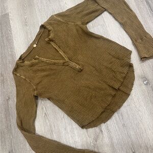 Free People Waffle Knit Henley Top in Olive Brown